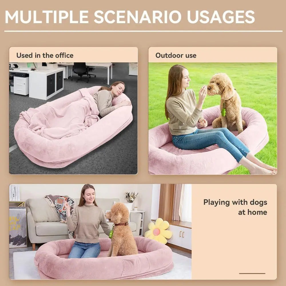 Jumbo Plush Dog Bed for Humans & Pets, 77x51x11, Elevated Edge, Removable Cover, Waterproof, with Bonus Blanket