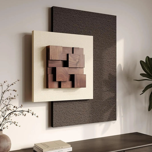 3D Wood Textured Large Neutral Abstract Wall Art, Modern Beige Brown Geometric Paintings Artwork for Walls-Minimalist Wooden