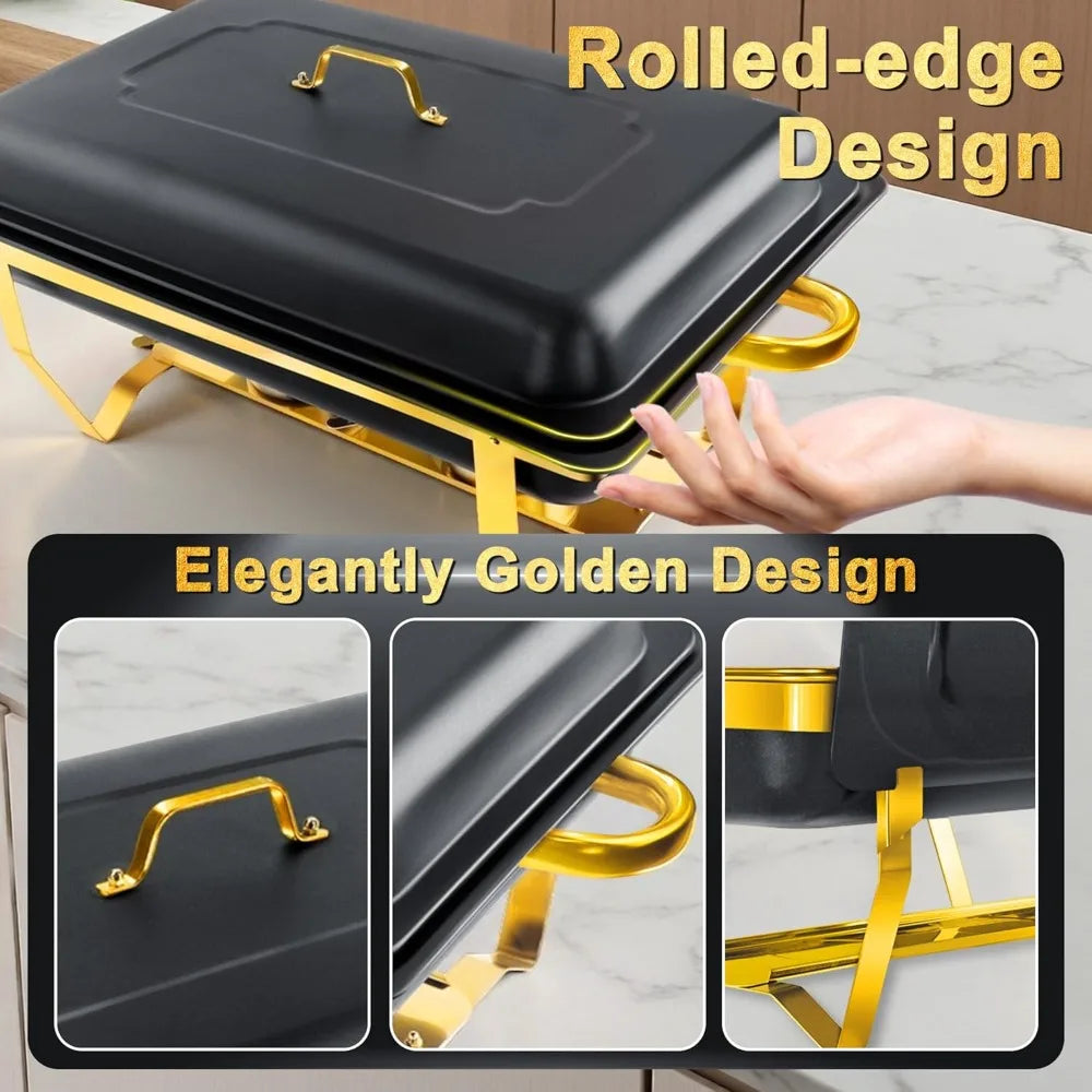 NKTOLEE Chafing Dishes for Buffet 4 Pack, [Matte Black and Gold] Chafing Dish Buffet Set, 8QT [Scratch Resistant Finish] Food Wa