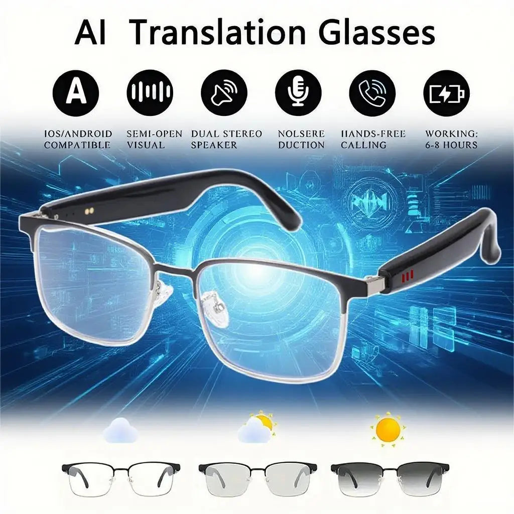 AI Translation Smart Glasses, photochromic lenses, support 160+ languages real-time translation, fashionable audio glasses.