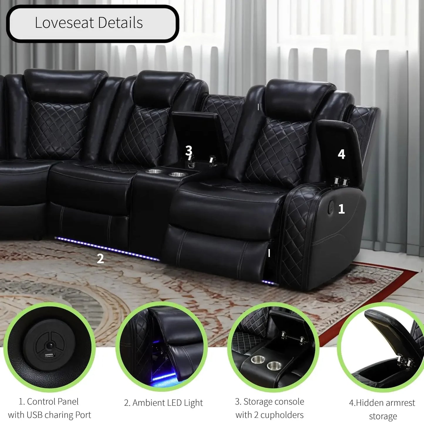 Power Recliner Sofa Sectional Sofa with LED Light for Living Room, Air Leather Reclining Corner Sectional Sofa Set
