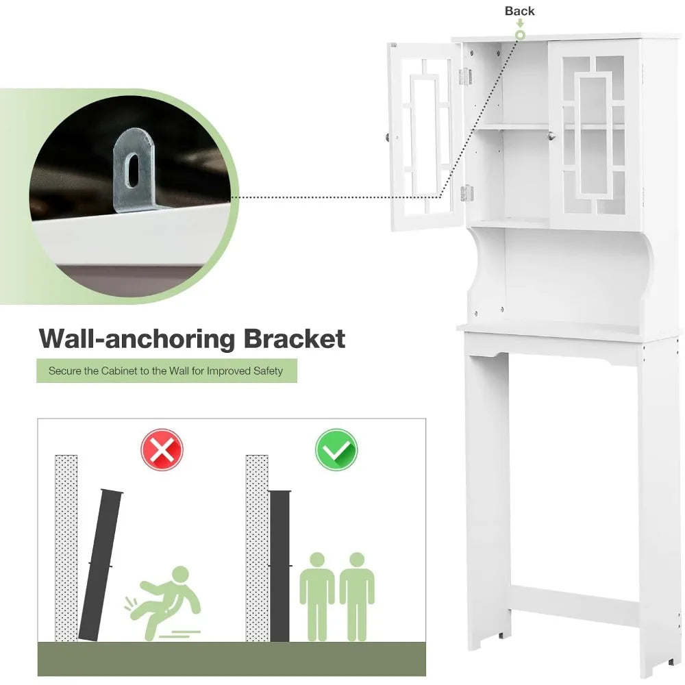 Over-the-Toilet Wooden Storage Cabinet with Adjustable Shelf and 2 Glass Doors - Space-Saving Bathroom Organizer and Home Storag