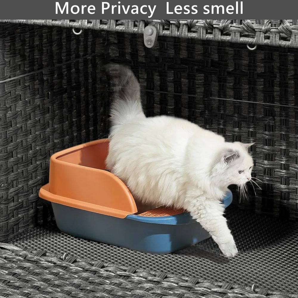Hidden Litter Box Furniture for Large Cats: Handwoven Rattan Pet House with Door