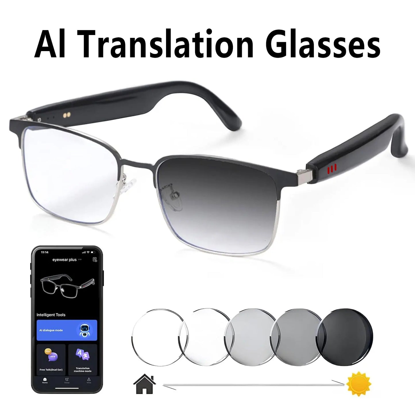 AI Translation Smart Glasses, photochromic lenses, support 160+ languages real-time translation, fashionable audio glasses.