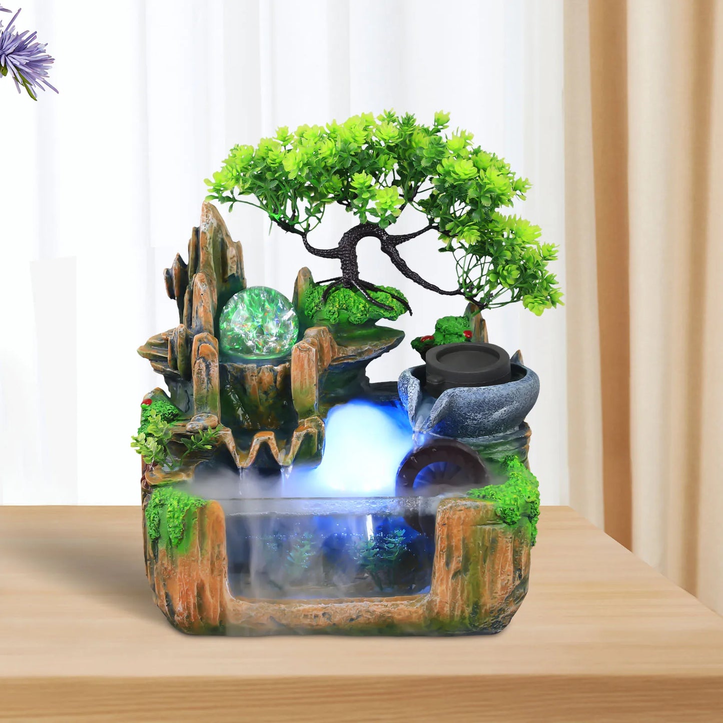 Small Rockery Water Fountain with LED Light & Mist Effect, Elegant Indoor Tabletop Decor for Home, Office, Living Room, Bedroom