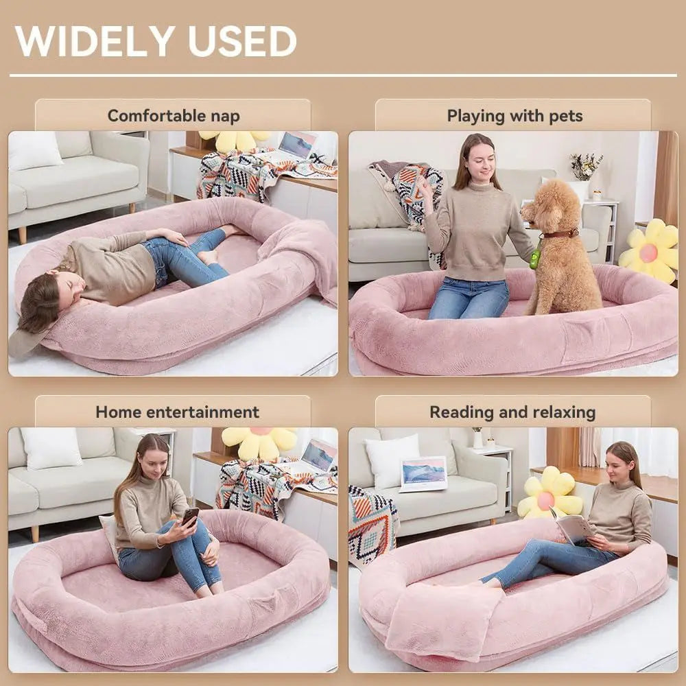Jumbo Plush Dog Bed for Humans & Pets, 77x51x11, Elevated Edge, Removable Cover, Waterproof, with Bonus Blanket