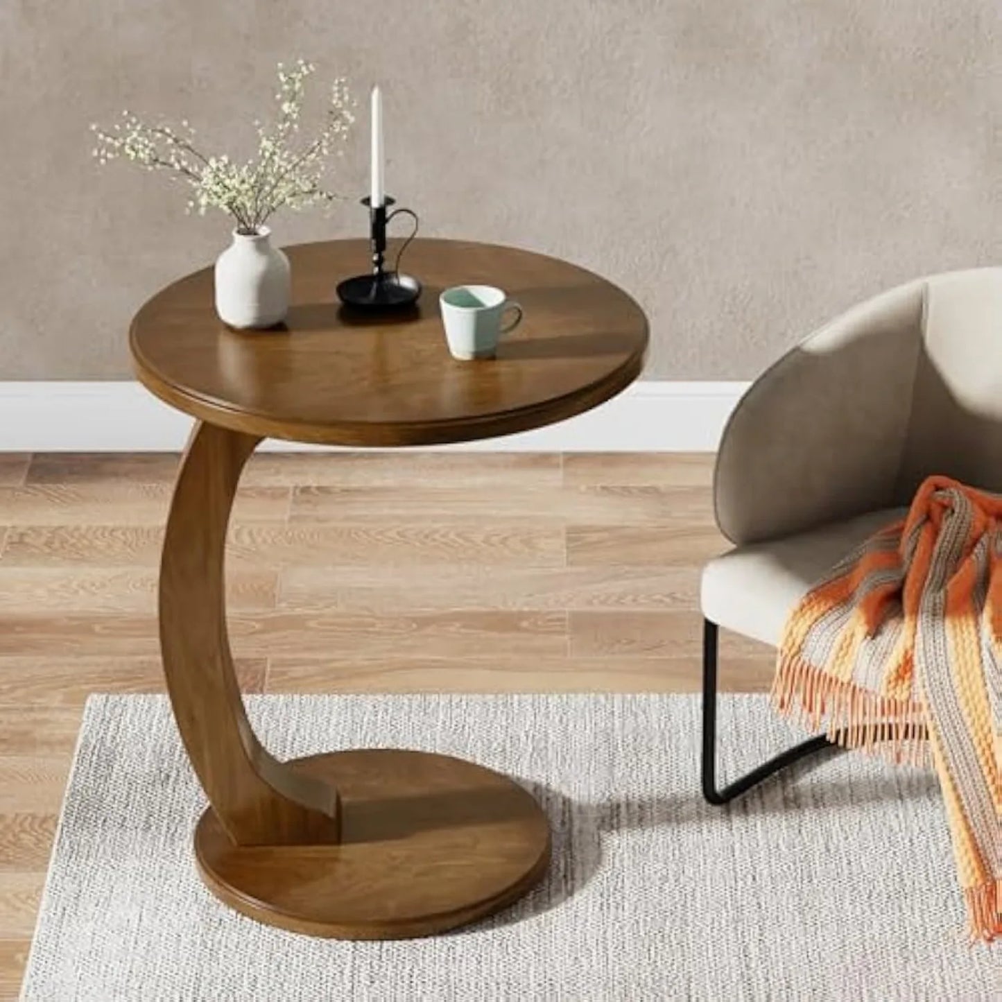 Round End/Side Table, Wooden C-Shaped End Table, Mid-Century End Table, Boho Side Table for Living Room & Bedroom