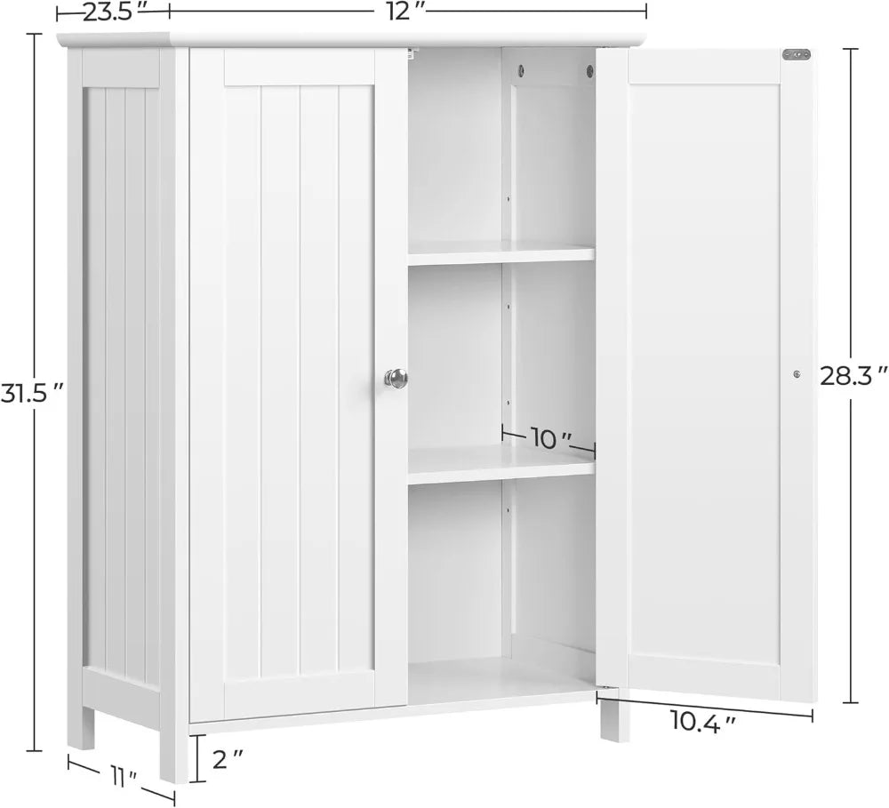 White Bathroom Floor Cabinet with Double Doors & Adjustable Shelves for Home Storage