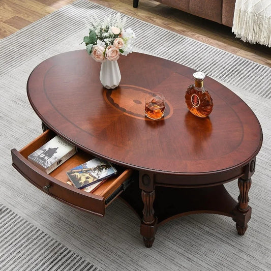 Cherry Solid Wood Oval Coffee Table with Storage Drawer Victorian Antique Vintage Style for Living Room