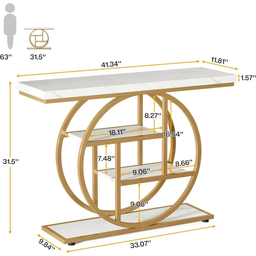 41.3 Inch Console Table, Industrial Style Four Tier Sofa Table Entry Table with Round Base with Storage Shelf